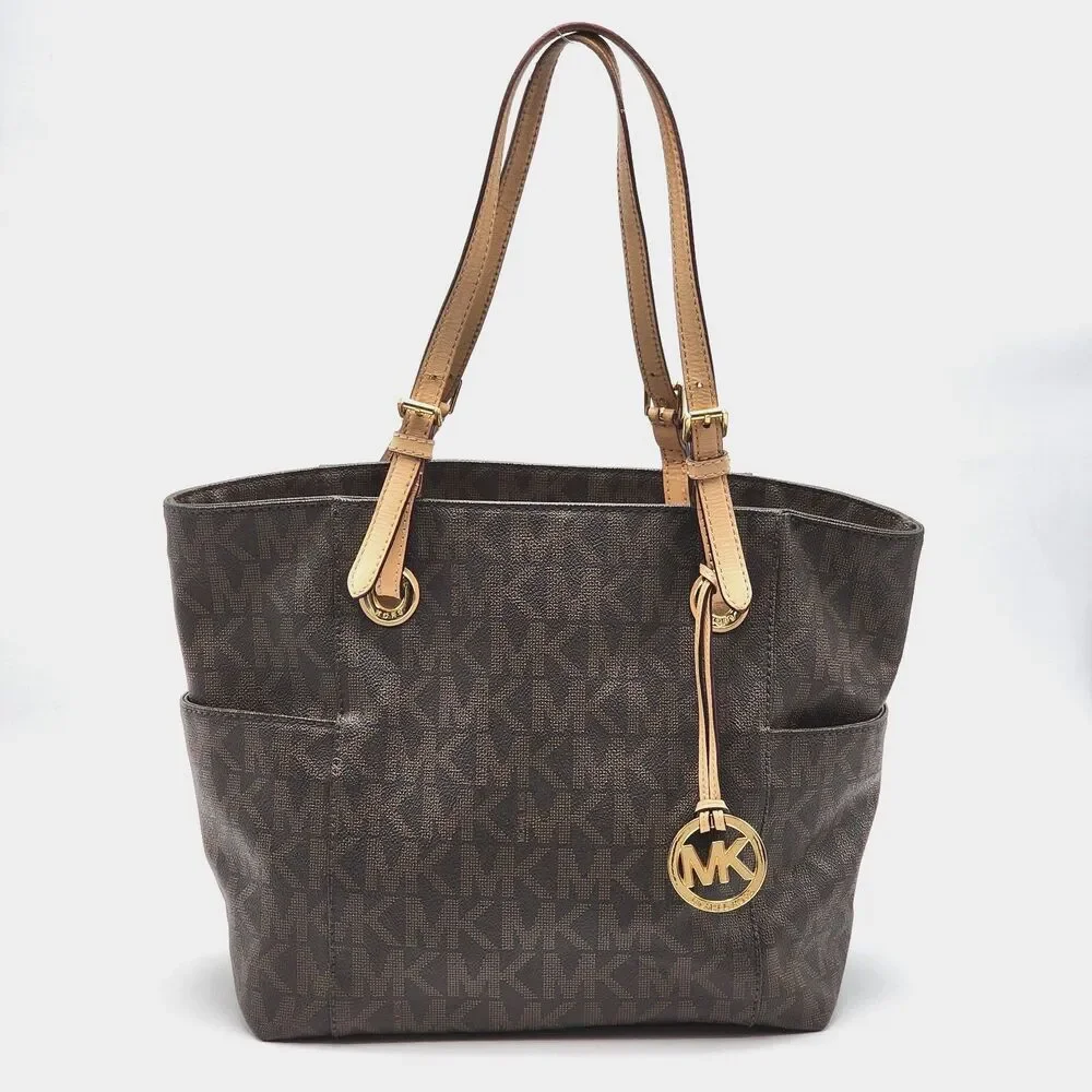 Michael Kors Coated Canvas Monogram MK Leather Trim Large Tote Bag Brown